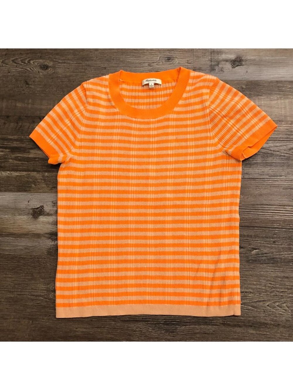 Madewell Ringer Sweater Tee in Neon Orange Stripe Womens Medium Short Sleeve